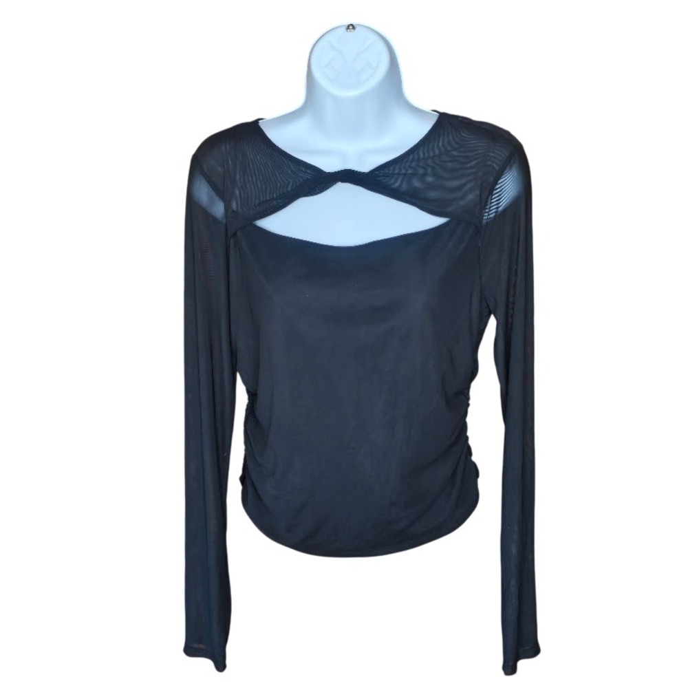 No Comment Black Sheer Mesh Top Twist Front Cutout Ruched Women L Goth Edgy